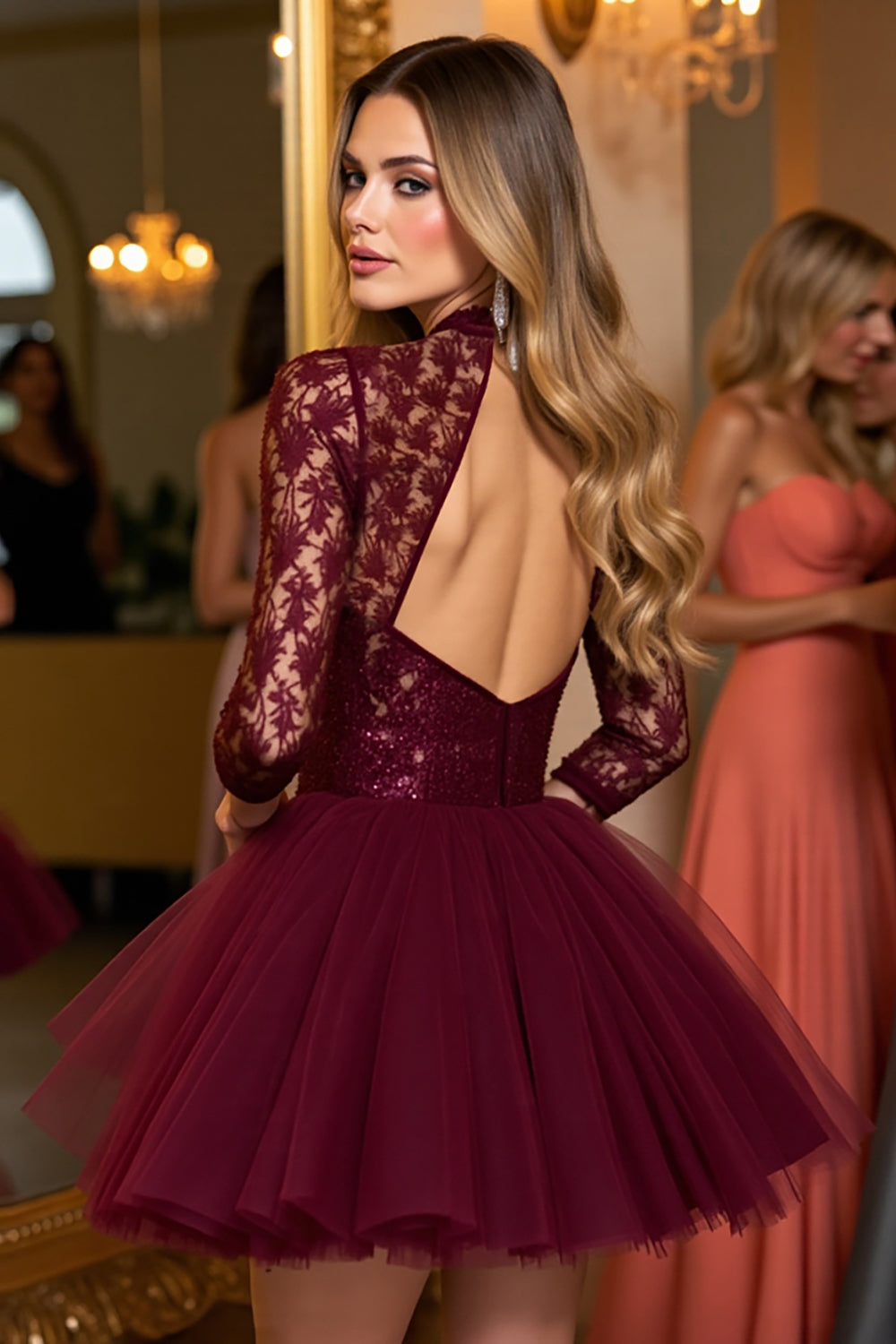 Burgundy Tulle Illusion Neck Corset A Line Mini Homecoming Dress