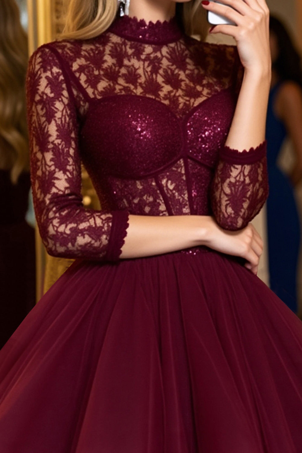 Burgundy Tulle Illusion Neck Corset A Line Mini Homecoming Dress