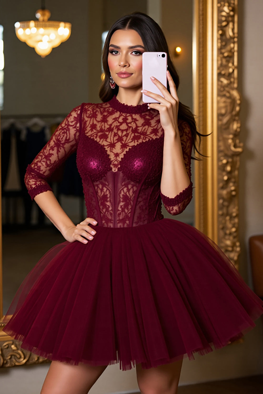 Leely Women Burgundy Tulle Mini Corset Homecoming Dress with Appliques Illusion Neck A Line Open Back 3/4 Sleeves Birthday Dress