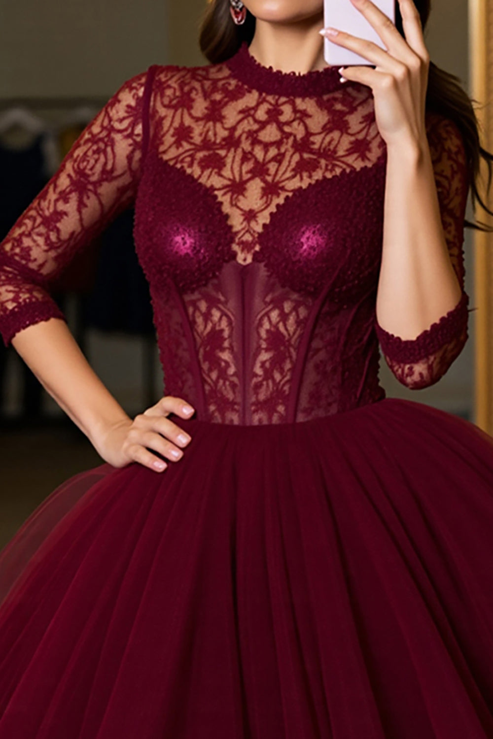 Burgundy Tulle A Line Corset Mini Homecoming Dress with Appliques
