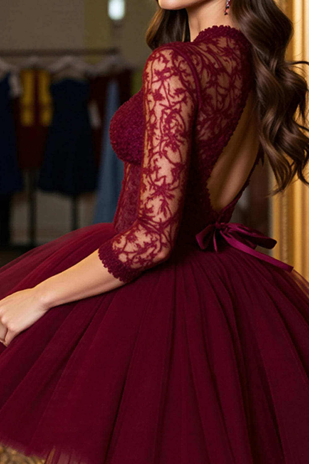 Burgundy Tulle A Line Corset Mini Homecoming Dress with Appliques
