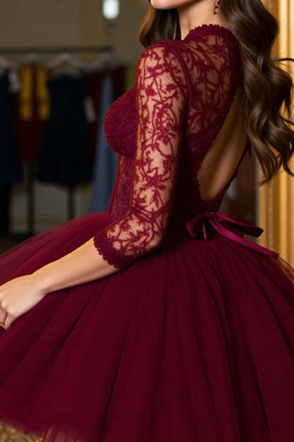 Burgundy Tulle A Line Corset Mini Homecoming Dress with Appliques