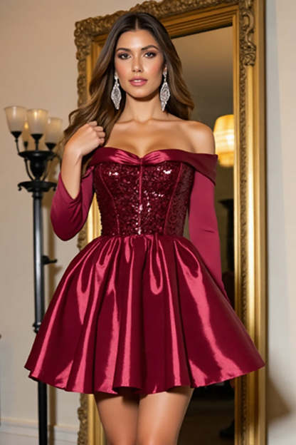 Sparkly Burgundy A Line Corset Mini Homecoming Dress with Sleeves