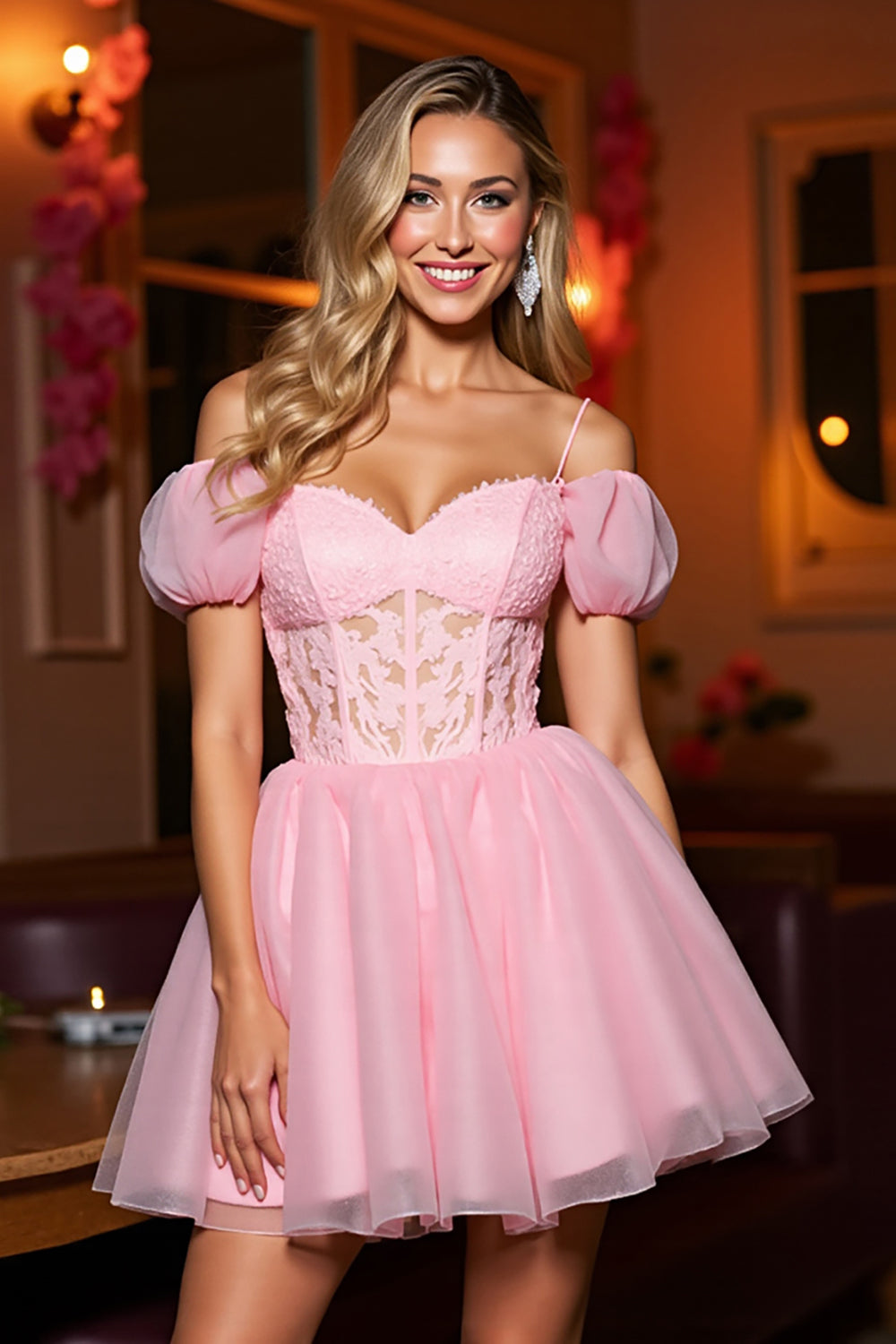 Leely Women Pink Tulle Mini Corset Homecoming Dress with Appliques Lace Up Back Cold Shoulder A Line Cocktail Dress