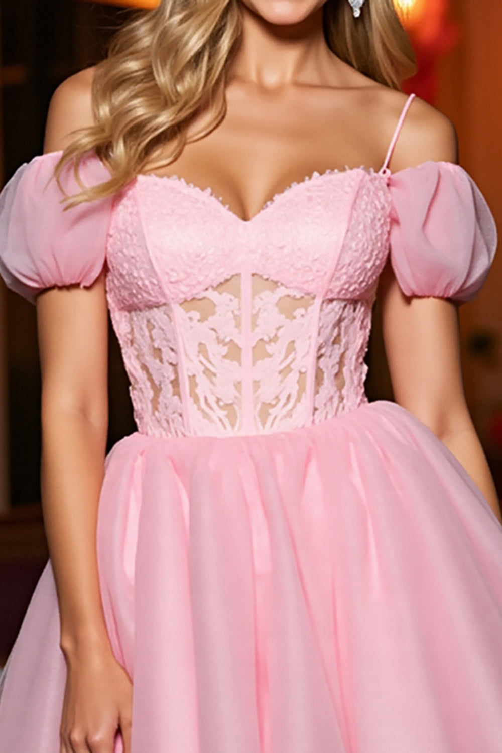 Pink Cold Shoulder Tulle A Line Mini Corset Homecoming Dress