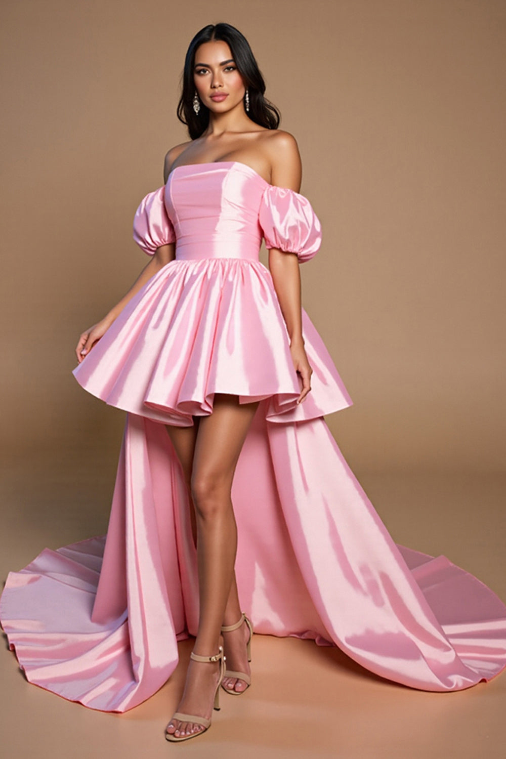 Leely Women Pink Satin High-Low Homecoming Dress with Bow A Line Lace Up Back Side Cape Off the Shoulder Cocktail Dress with Sleeves