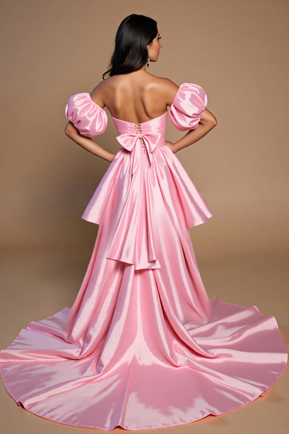 Pink Off the Shoulder A Line High-Low Satin Homecoming Dress with Bow