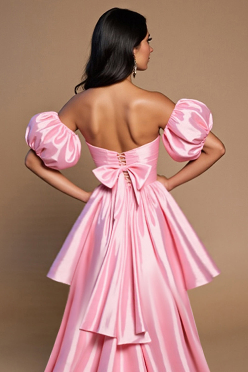 Pink Off the Shoulder A Line High-Low Satin Homecoming Dress with Bow