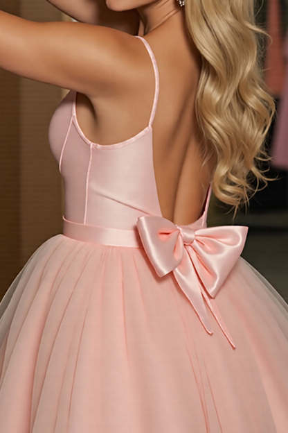 Blush A Line Ruched Tulle Mini Homecoming Dress with Bow