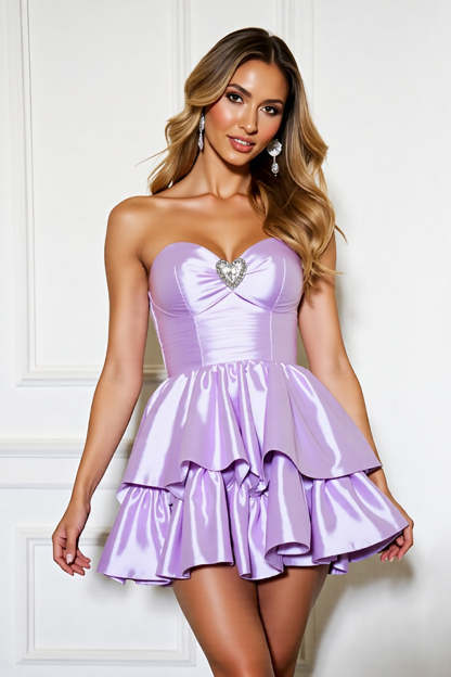 Leely Women Lilac Satin A Line Short Homecoming Dress Ruffled Tiered Sweetheart Cocktail Dress
