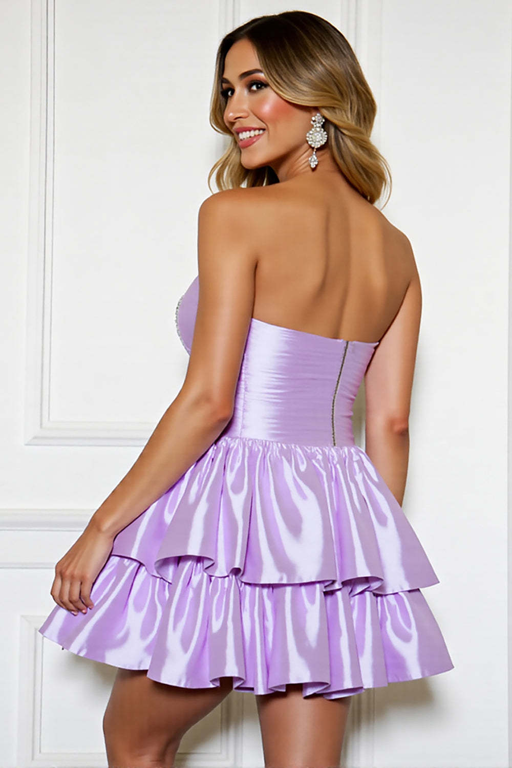 Lilac A Line Tiered Strapless Mini Satin Homecoming Dress