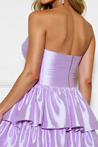 Lilac A Line Tiered Strapless Mini Satin Homecoming Dress