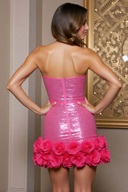 Fuchsia Sequin Mini Tight Corset Homecoming Dress with 3D Flowers