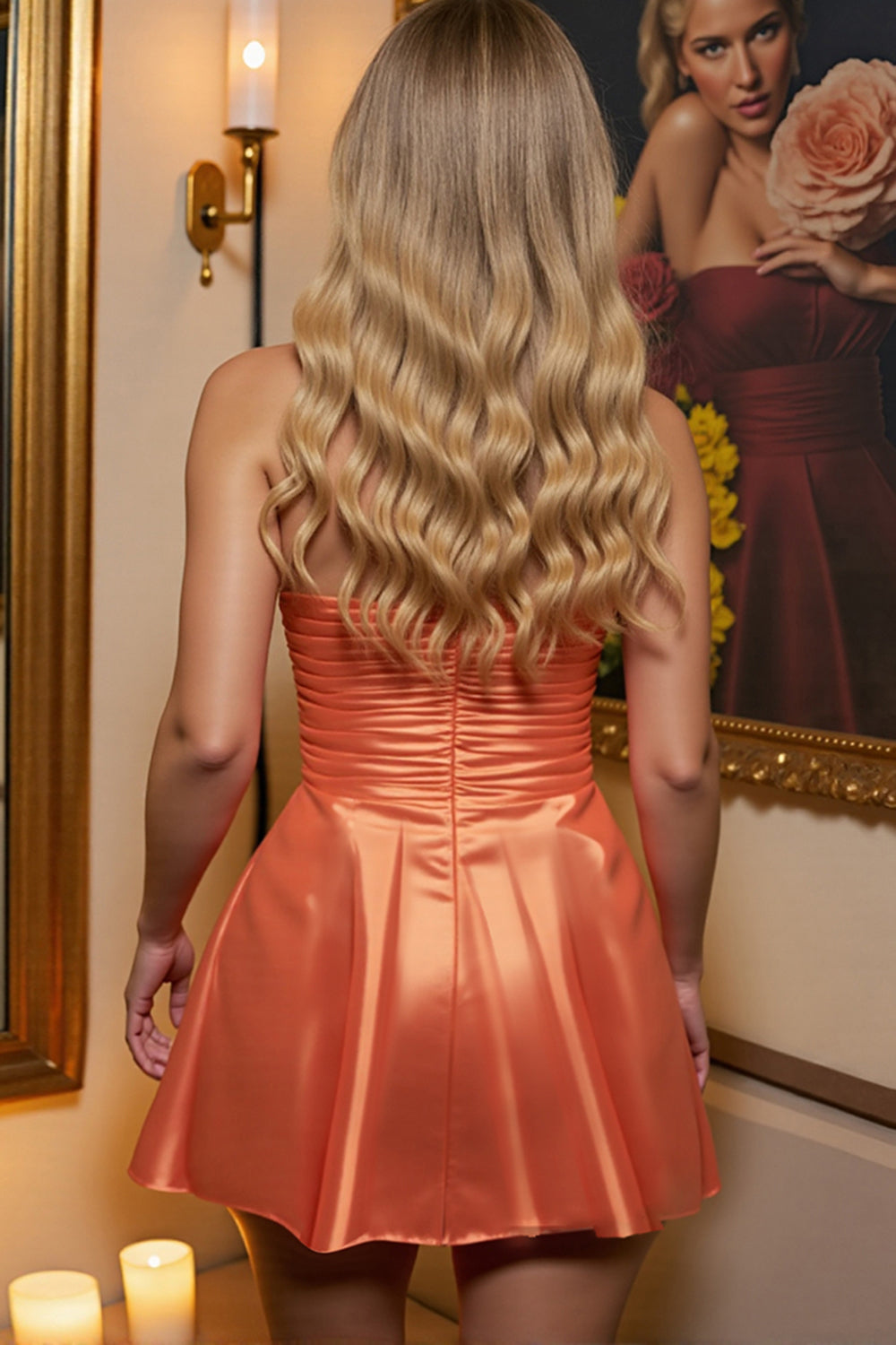 Orange A Line Satin Strapless Mini Homecoming Dress