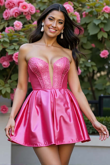 Leely Women Sparkly Fuchsia Satin Short Homecoming Dress Corset A Line Strapless Party Dress with Rhinestone
