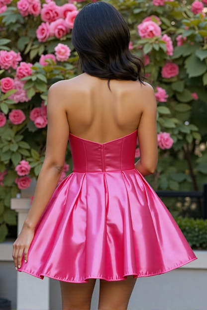 Sparkly Corset Fuchsia Satin A Line Short Homecoming Dress with Rhinestone