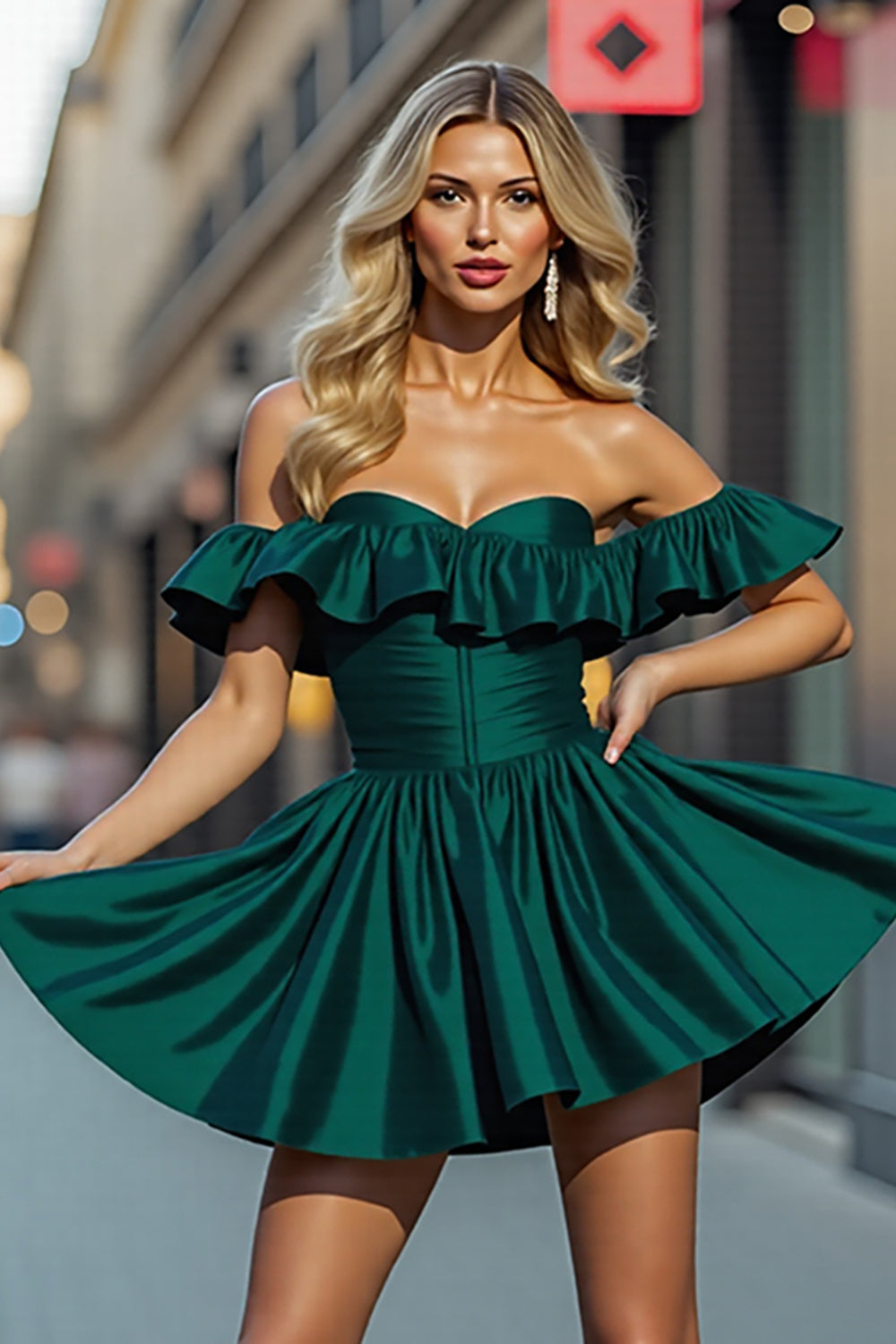 Dark Green Satin A Line Short Homecoming Dress with Ruffles
