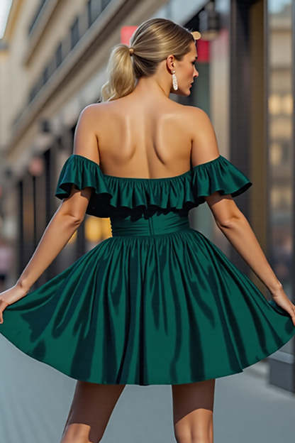 Dark Green Satin A Line Short Homecoming Dress with Ruffles