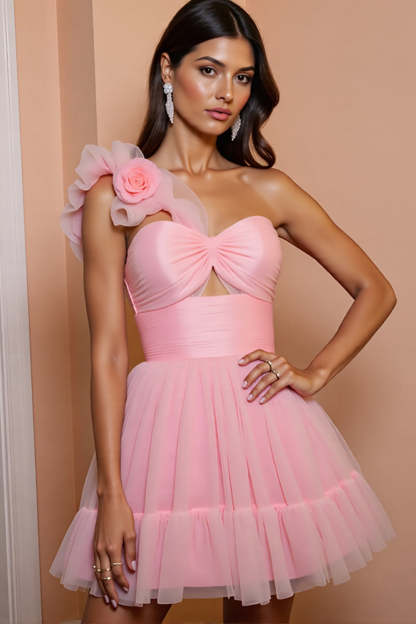 Leely Women Floral Pink Tulle Short Homecoming Dress A Line Ruched One Shoulder Cocktail Dress