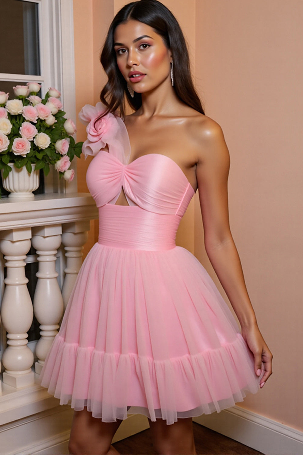 Floral Pink Tulle A Line One Shoulder Short Homecoming Dress