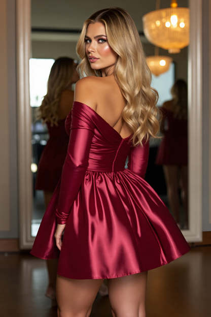 Sparkly Burgundy Satin A Line Short Homecoming Dress