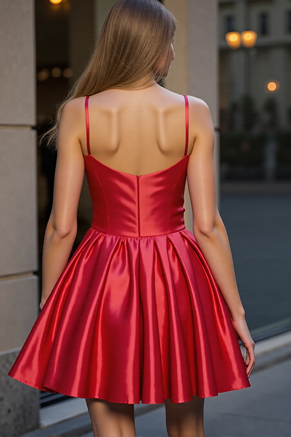 Red Spaghetti Straps Satin A Line Short Homecoming Dress