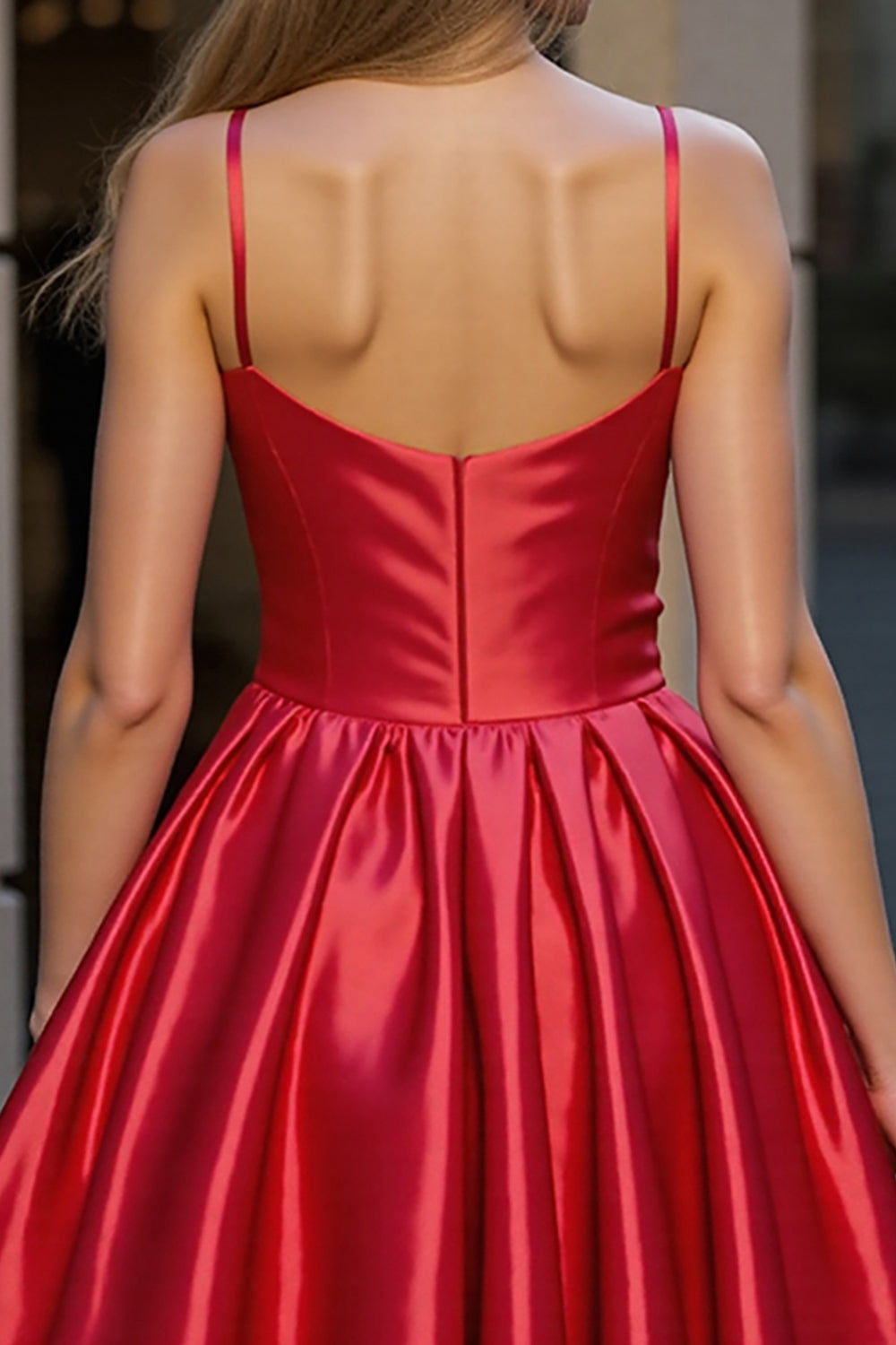 Red Spaghetti Straps Satin A Line Short Homecoming Dress
