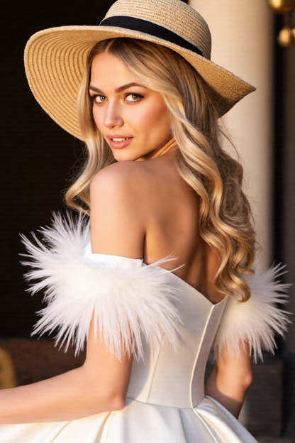 White Corset Sweetheart A Line Short Homecoming Dress with Feathers