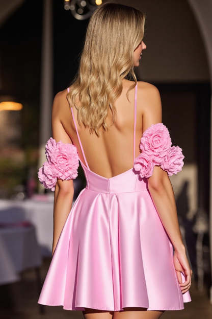 Pink 3D Flower Corset Satin Short Homecoming Dress