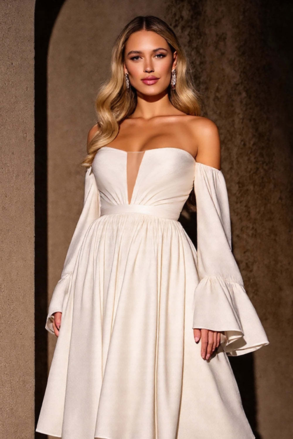 Ivory Strapless A Line Midi Satin Homecoming Dress with Sleeves
