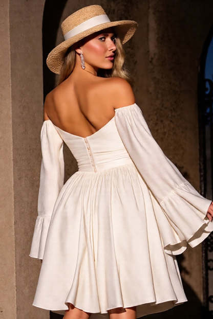 Ivory Strapless A Line Midi Satin Homecoming Dress with Sleeves