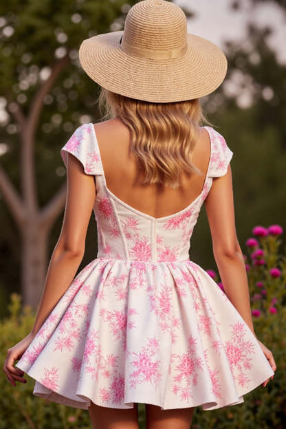 White Floral Corset Short A Line Homecoming Dress with Sleeves