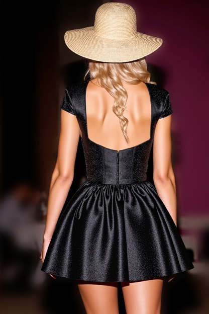 Black Corset Satin Cap Sleeves A Line Short Homecoming Dress