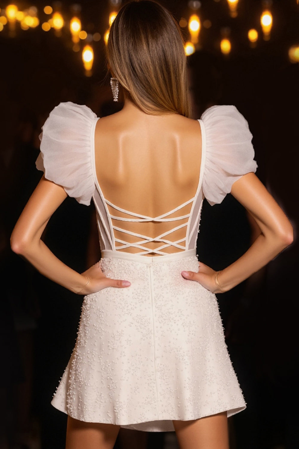 Ivory Corset Bodycon Short Homecoming Dress with Puff Sleeves