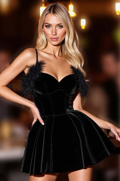 Leely Women Black Short Velevt Homecoming Dress with Feather A-Line Spaghetti Straps Lace Up Back Cocktail Dress