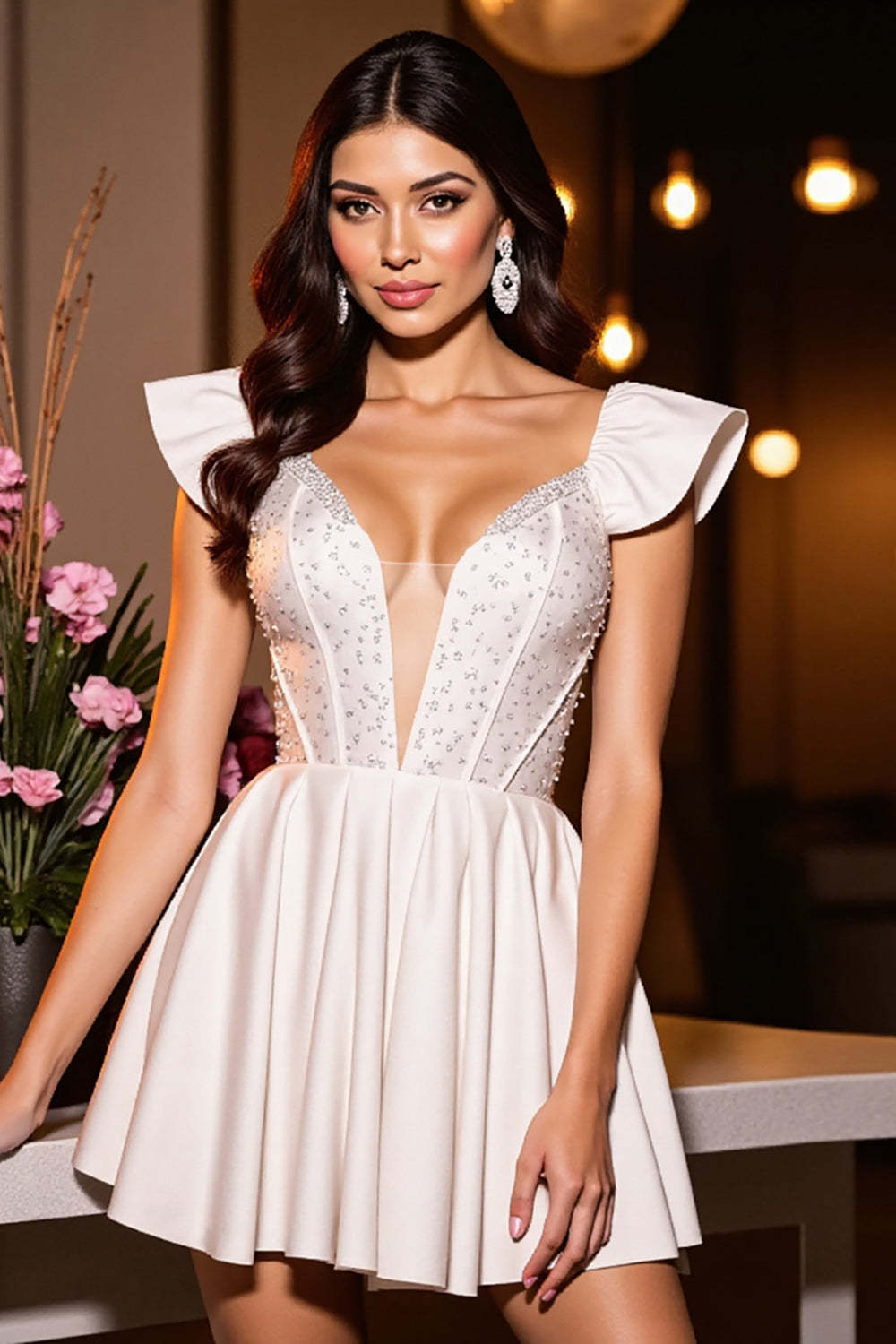 Leely Women Ivory Corset Satin Short Homecoming Dress Sparkly A Line V Neck Beaded Backless Hen Do Dress