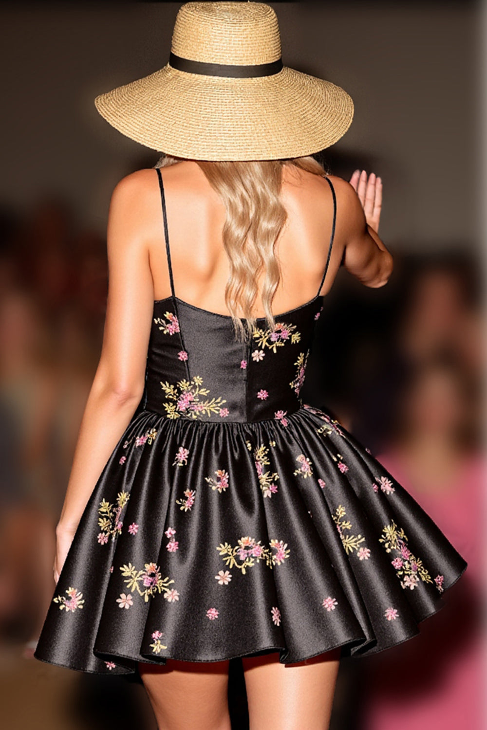 Black Floral Satin A Line Short Corset Homecoming Dress