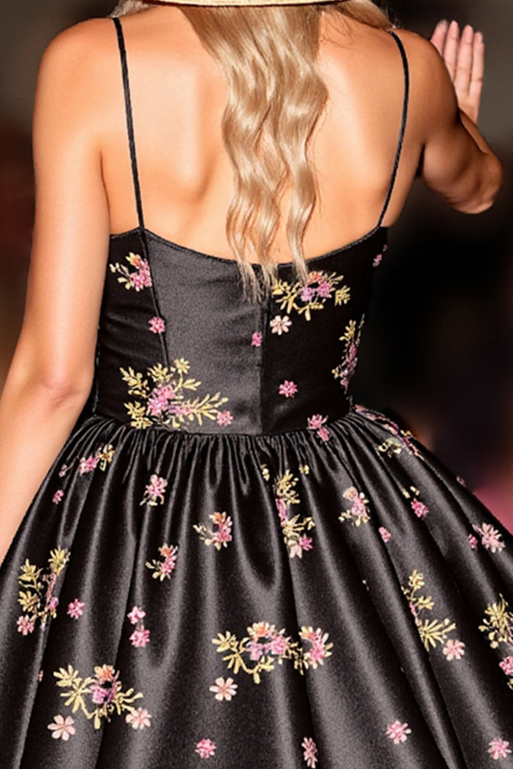 Black Floral Satin A Line Short Corset Homecoming Dress
