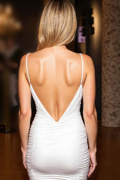 White Bodycon Spaghetti Straps Backless Satin Short Homecoming Dress