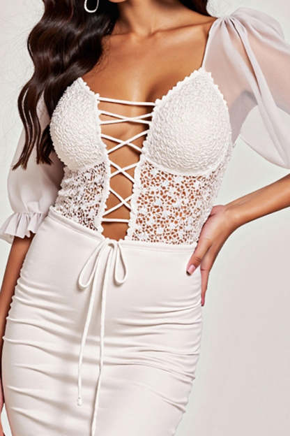 White Bodycon Ruffled Lace up Short Homecoming Dress with Lace
