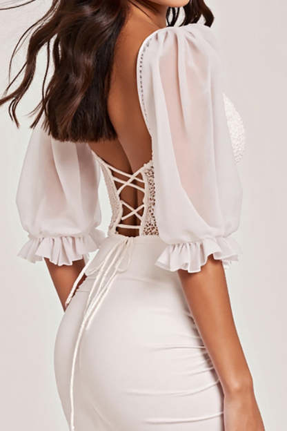 White Bodycon Ruffled Lace up Short Homecoming Dress with Lace