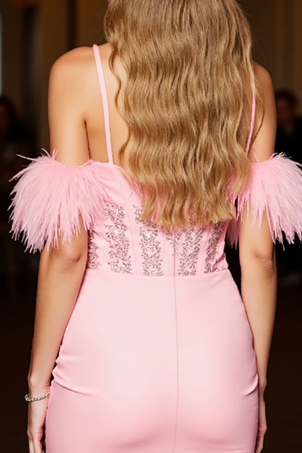 Pink Corset Bodycon Mini Homecoming Dress with Feathers