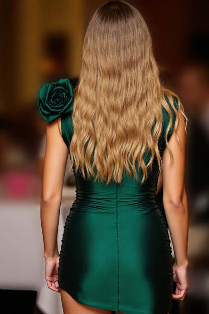 Dark Green Bodycon Flower Short Satin Homecoming Dress