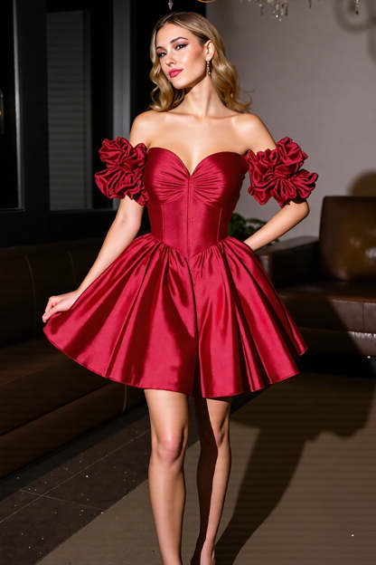 Leely Women Burgundy A Line Short Satin Homecoming Dress with Ruffles Strapless Off the Shoulder Ruched Cocktail Party Dress