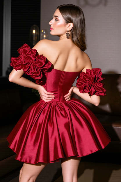 Off the Shoulder Burgundy A Line Short Satin Homecoming Dress with Ruffles