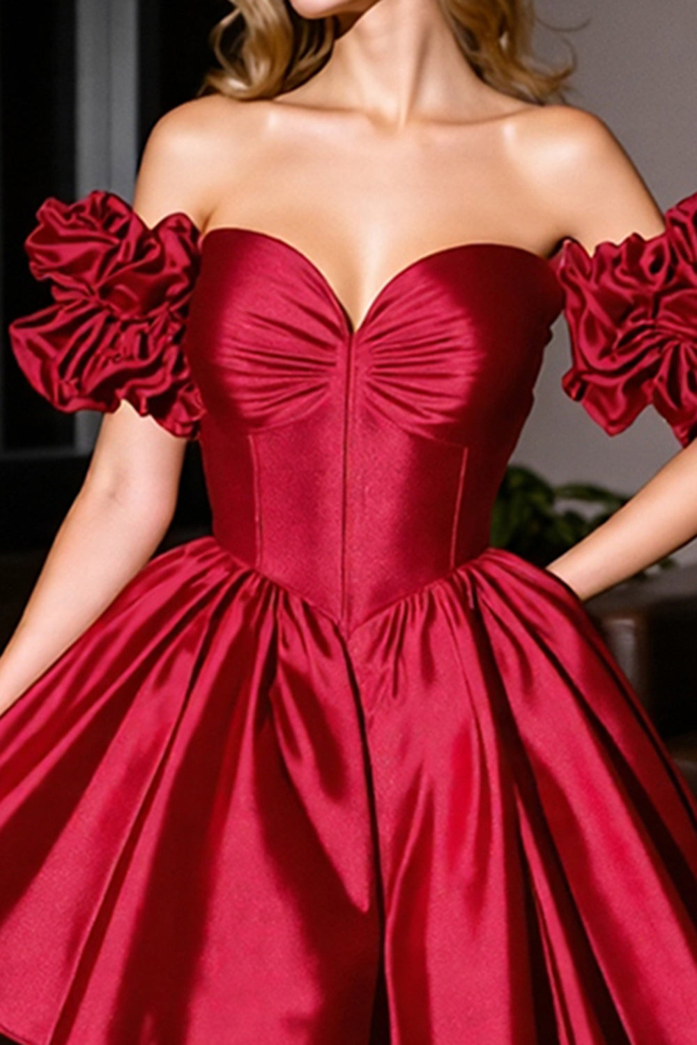 Off the Shoulder Burgundy A Line Short Satin Homecoming Dress with Ruffles