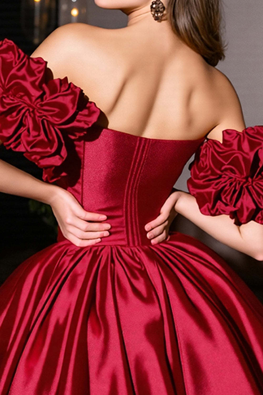 Off the Shoulder Burgundy A Line Short Satin Homecoming Dress with Ruffles