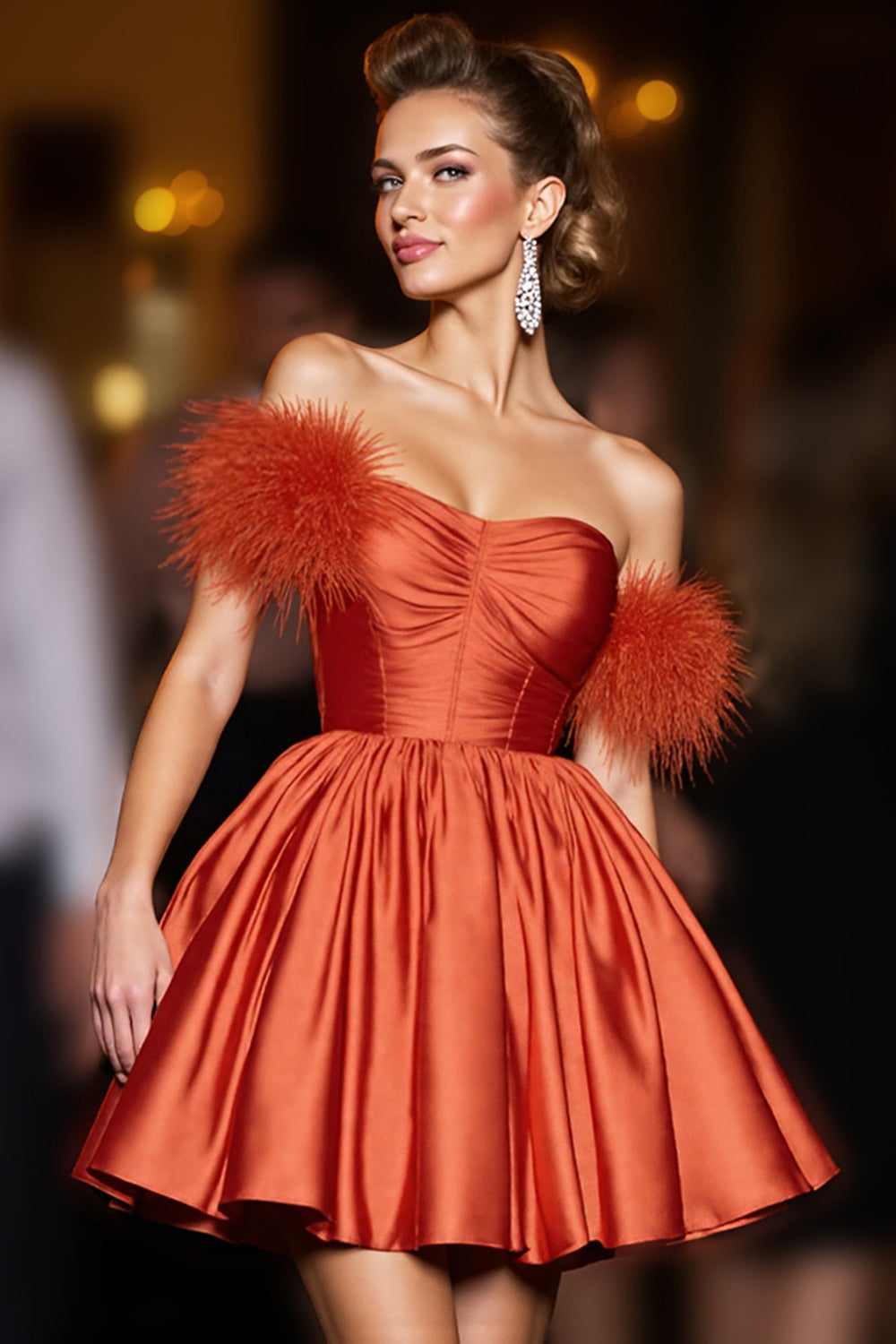 Leely Women Orange Satin Short Homecoming Dress with Feathers A Line Off the Shoulder Ruched Cocktail Dress