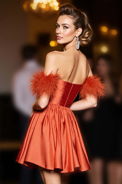 Orange A Line Strapless Satin Short Homecoming Dress with Feathers