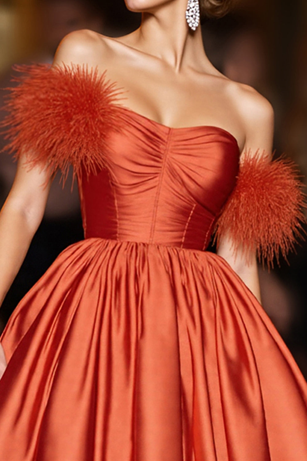 Orange A Line Strapless Satin Short Homecoming Dress with Feathers